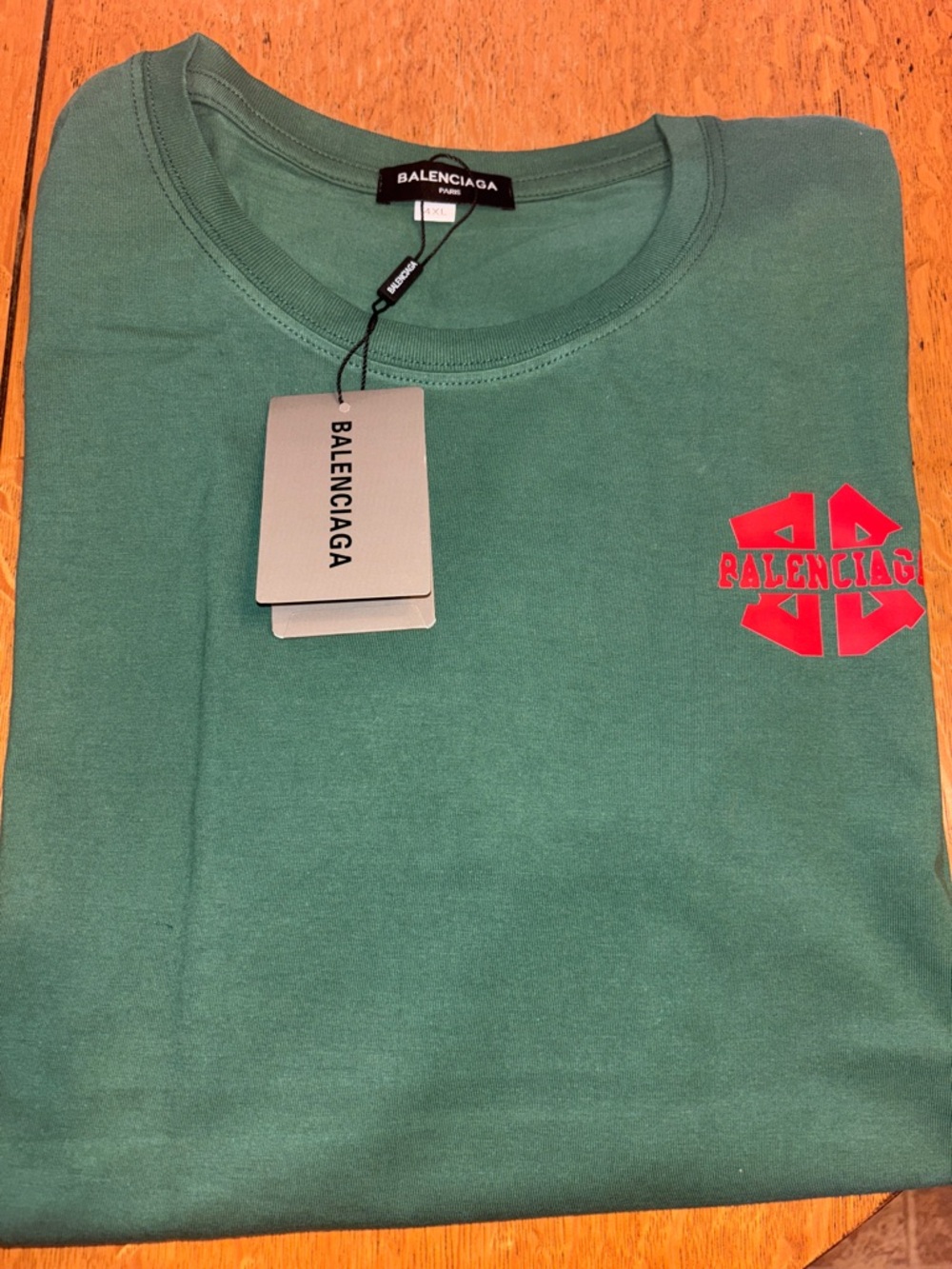 Balenciaga Men’s Teal Short-Sleeve Crew with Red Chest Logo read 👇